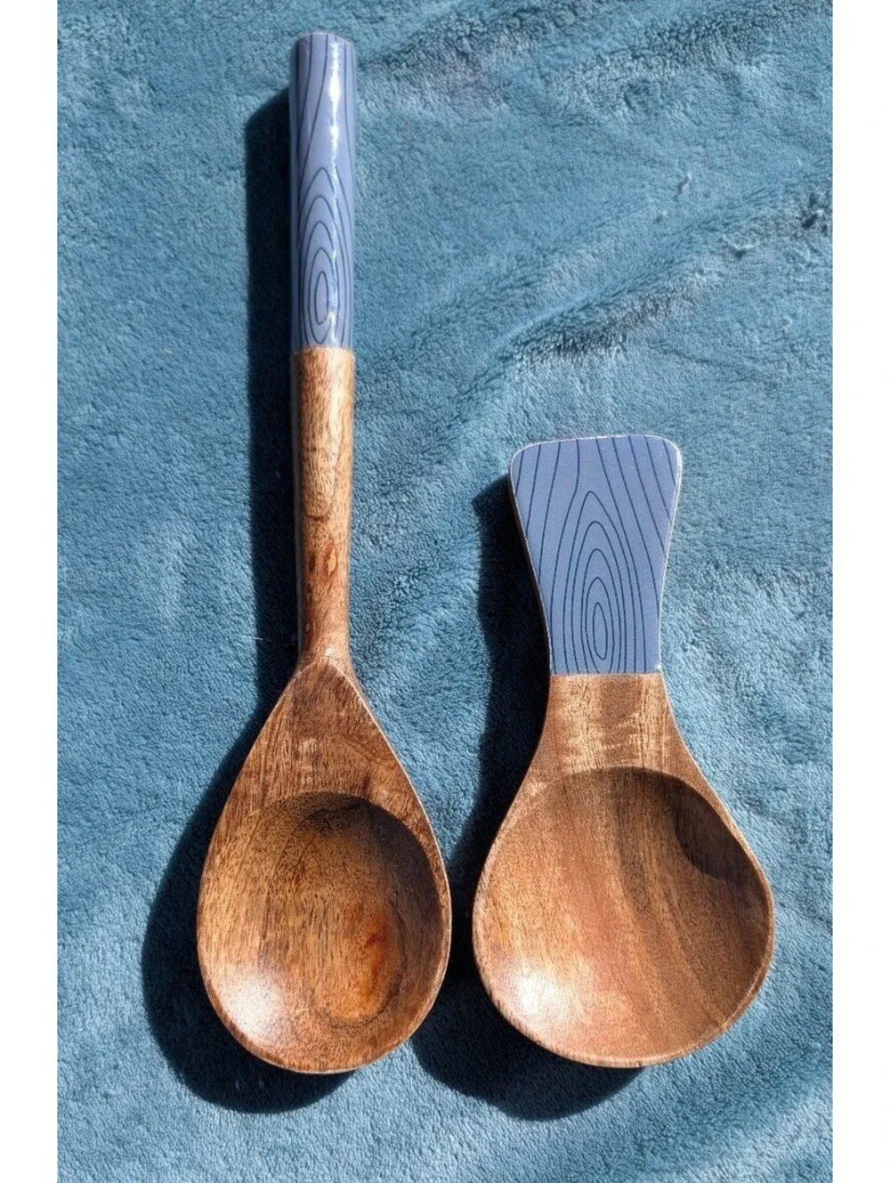 2-Piece Wooden Serving Utensil Set - Spoon & Rice Paddle with Blue Wood Grain
